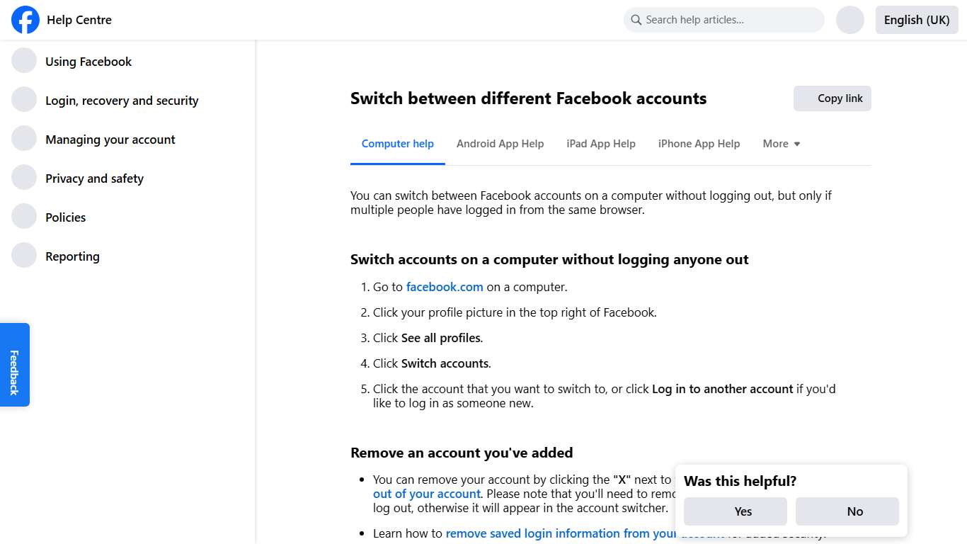 Switch between different Facebook accounts Facebook Help Centre